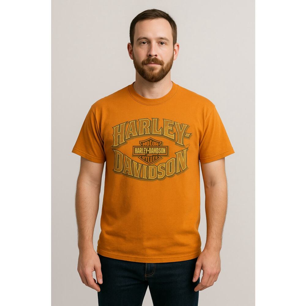 Vintage Orange Harley Davidson Graphic Tee Hanes Beefy Made USA L